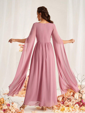 Women's Elegant Lotus Root Pink Chiffon Fabric With Fine Shiny Sequin Trim Decorative Waistband, Deep V-Neck, Nude Mesh Panel Combination, Extra Long Bishop Sleeves With Slit, A-Line Hem Suitable For Wedding Party Formal Bridesmaid Dress