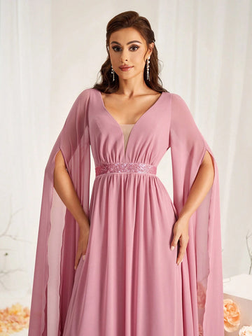 Women's Elegant Lotus Root Pink Chiffon Fabric With Fine Shiny Sequin Trim Decorative Waistband, Deep V-Neck, Nude Mesh Panel Combination, Extra Long Bishop Sleeves With Slit, A-Line Hem Suitable For Wedding Party Formal Bridesmaid Dress