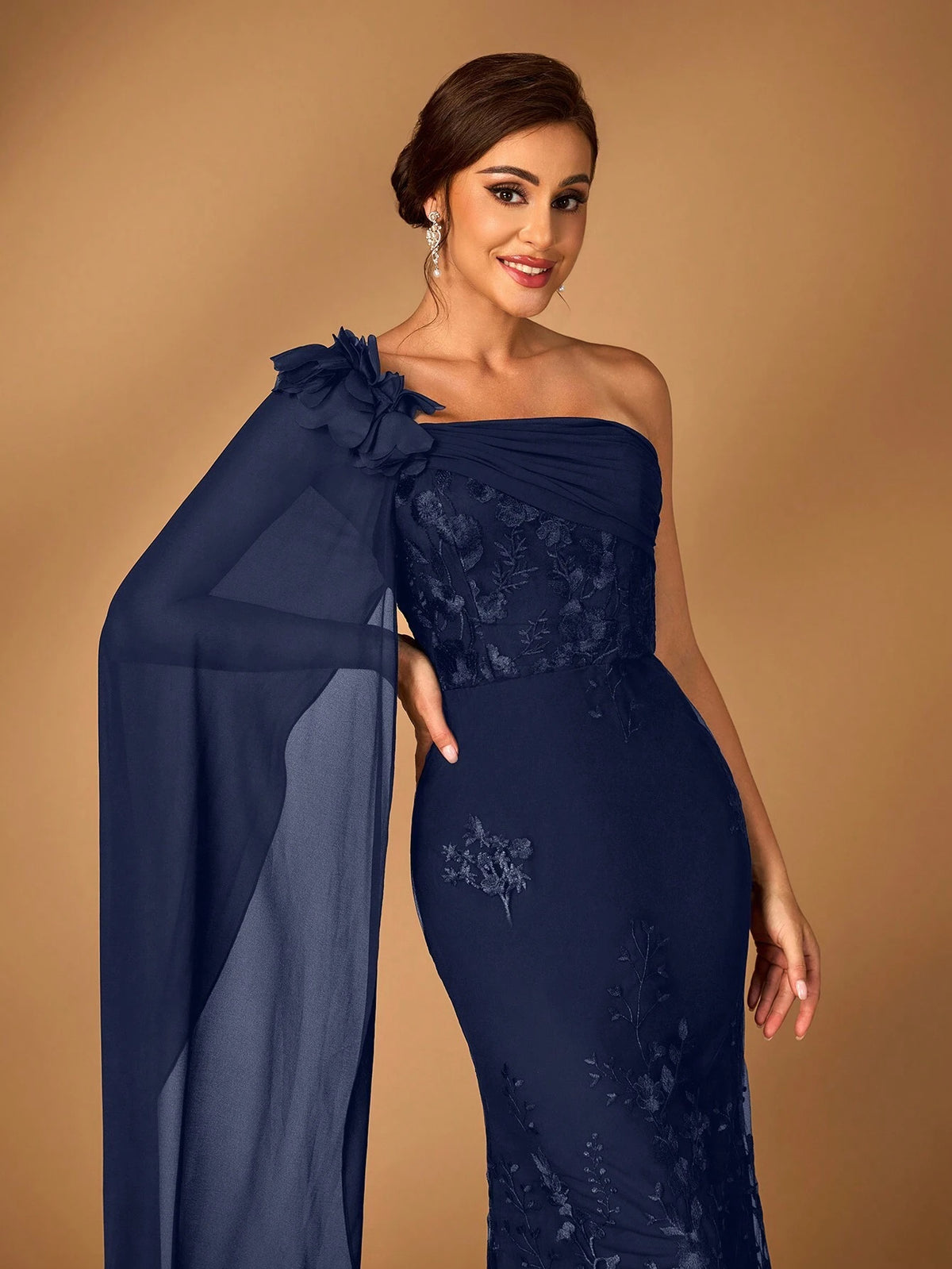 Women's Elegant Luxury Black Chiffon Fabric Patchwork Sequin Mesh Embroidered One-Shoulder Asymmetrical Flare Sleeve Fishtail Dress, Suitable For Mother's Wedding, Party, Music Festival, Mother's Day, Formal Events