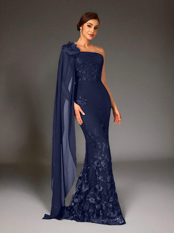 Women's Elegant Luxury Black Chiffon Fabric Patchwork Sequin Mesh Embroidered One-Shoulder Asymmetrical Flare Sleeve Fishtail Dress, Suitable For Mother's Wedding, Party, Music Festival, Mother's Day, Formal Events