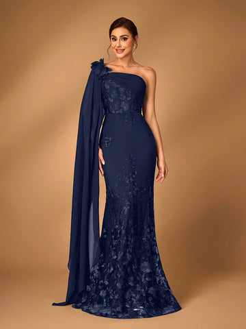 Women's Elegant Luxury Black Chiffon Fabric Patchwork Sequin Mesh Embroidered One-Shoulder Asymmetrical Flare Sleeve Fishtail Dress, Suitable For Mother's Wedding, Party, Music Festival, Mother's Day, Formal Events