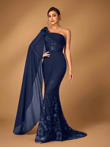 Women's Elegant Luxury Black Chiffon Fabric Patchwork Sequin Mesh Embroidered One-Shoulder Asymmetrical Flare Sleeve Fishtail Dress, Suitable For Mother's Wedding, Party, Music Festival, Mother's Day, Formal Events