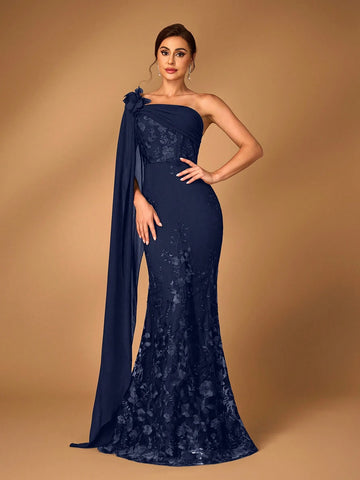 Women's Elegant Luxury Black Chiffon Fabric Patchwork Sequin Mesh Embroidered One-Shoulder Asymmetrical Flare Sleeve Fishtail Dress, Suitable For Mother's Wedding, Party, Music Festival, Mother's Day, Formal Events