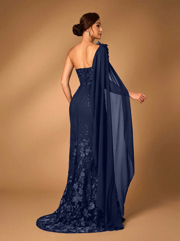 Women's Elegant Luxury Black Chiffon Fabric Patchwork Sequin Mesh Embroidered One-Shoulder Asymmetrical Flare Sleeve Fishtail Dress, Suitable For Mother's Wedding, Party, Music Festival, Mother's Day, Formal Events