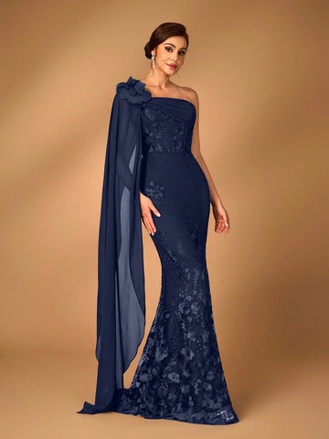 Women's Elegant Luxury Black Chiffon Fabric Patchwork Sequin Mesh Embroidered One-Shoulder Asymmetrical Flare Sleeve Fishtail Dress, Suitable For Mother's Wedding, Party, Music Festival, Mother's Day, Formal Events