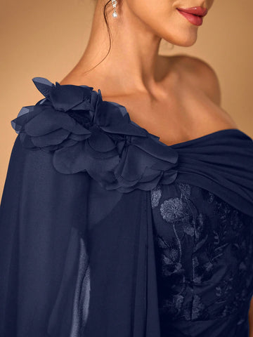 Women's Elegant Luxury Black Chiffon Fabric Patchwork Sequin Mesh Embroidered One-Shoulder Asymmetrical Flare Sleeve Fishtail Dress, Suitable For Mother's Wedding, Party, Music Festival, Mother's Day, Formal Events