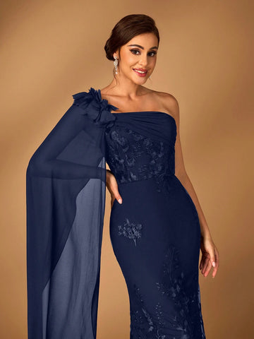 Women's Elegant Luxury Black Chiffon Fabric Patchwork Sequin Mesh Embroidered One-Shoulder Asymmetrical Flare Sleeve Fishtail Dress, Suitable For Mother's Wedding, Party, Music Festival, Mother's Day, Formal Events