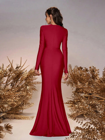 Elegant And Romantic Green Stretch Knit Long-Sleeved Deep V-Neck Front Center Pleated Golden Bow Decoration On The Chest Slim-Fitting Fishtail Hem Suitable For Wedding Event Bridesmaid Dresses