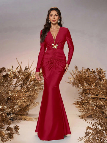 Elegant And Romantic Green Stretch Knit Long-Sleeved Deep V-Neck Front Center Pleated Golden Bow Decoration On The Chest Slim-Fitting Fishtail Hem Suitable For Wedding Event Bridesmaid Dresses
