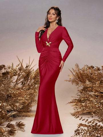 Elegant And Romantic Green Stretch Knit Long-Sleeved Deep V-Neck Front Center Pleated Golden Bow Decoration On The Chest Slim-Fitting Fishtail Hem Suitable For Wedding Event Bridesmaid Dresses