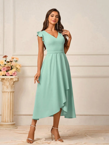 Women's Elegant Ocean Green Woven Fabric Deep V Neck Ruffle Irregular Hem Short Dress Suitable For Wedding Events Mother's Day Music Festival Back To School Season Occasions Formal Bridesmaid Dresses