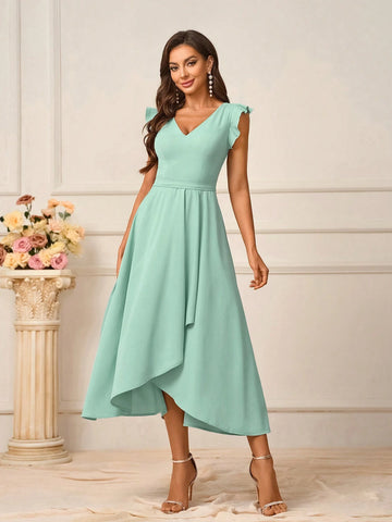 Women's Elegant Ocean Green Woven Fabric Deep V Neck Ruffle Irregular Hem Short Dress Suitable For Wedding Events Mother's Day Music Festival Back To School Season Occasions Formal Bridesmaid Dresses