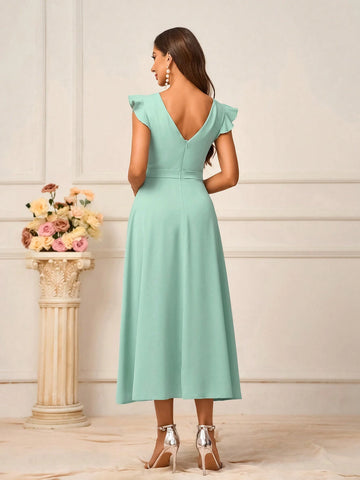 Women's Elegant Ocean Green Woven Fabric Deep V Neck Ruffle Irregular Hem Short Dress Suitable For Wedding Events Mother's Day Music Festival Back To School Season Occasions Formal Bridesmaid Dresses