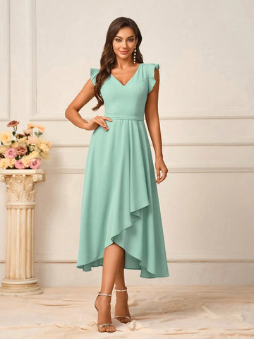 Women's Elegant Ocean Green Woven Fabric Deep V Neck Ruffle Irregular Hem Short Dress Suitable For Wedding Events Mother's Day Music Festival Back To School Season Occasions Formal Bridesmaid Dresses