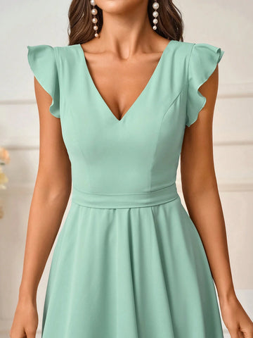 Women's Elegant Ocean Green Woven Fabric Deep V Neck Ruffle Irregular Hem Short Dress Suitable For Wedding Events Mother's Day Music Festival Back To School Season Occasions Formal Bridesmaid Dresses