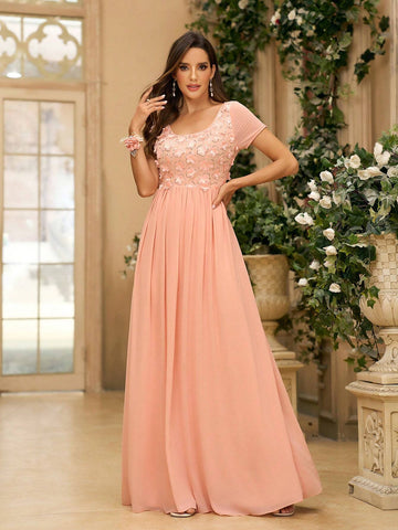 Women's Elegant Orange 3D Floral Detail Shiny Fabric & Chiffon Fabric Patchwork Short Sleeve Dress With U-Neckline, Ruched & A-Line Design, Floor-Length, Suitable For Wedding Ceremony As A Bridesmaid Dress