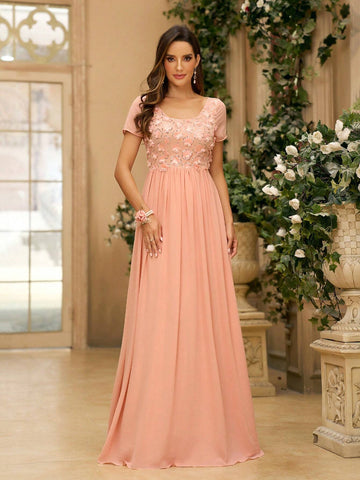 Women's Elegant Orange 3D Floral Detail Shiny Fabric & Chiffon Fabric Patchwork Short Sleeve Dress With U-Neckline, Ruched & A-Line Design, Floor-Length, Suitable For Wedding Ceremony As A Bridesmaid Dress