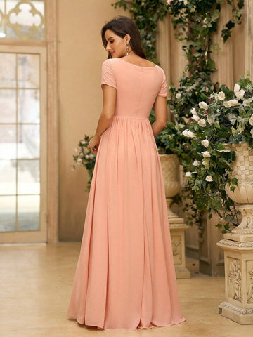 Women's Elegant Orange 3D Floral Detail Shiny Fabric & Chiffon Fabric Patchwork Short Sleeve Dress With U-Neckline, Ruched & A-Line Design, Floor-Length, Suitable For Wedding Ceremony As A Bridesmaid Dress