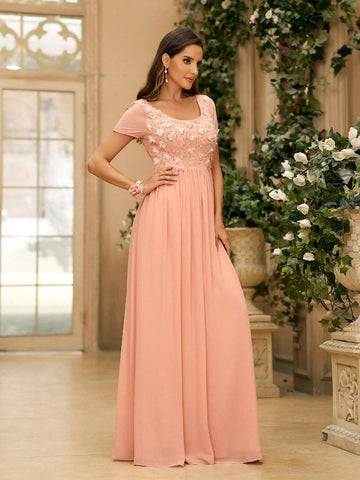 Women's Elegant Orange 3D Floral Detail Shiny Fabric & Chiffon Fabric Patchwork Short Sleeve Dress With U-Neckline, Ruched & A-Line Design, Floor-Length, Suitable For Wedding Ceremony As A Bridesmaid Dress