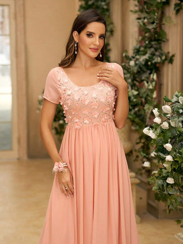 Women's Elegant Orange 3D Floral Detail Shiny Fabric & Chiffon Fabric Patchwork Short Sleeve Dress With U-Neckline, Ruched & A-Line Design, Floor-Length, Suitable For Wedding Ceremony As A Bridesmaid Dress