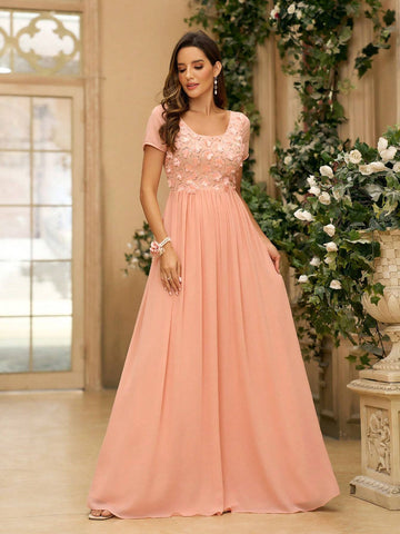 Women's Elegant Orange 3D Floral Detail Shiny Fabric & Chiffon Fabric Patchwork Short Sleeve Dress With U-Neckline, Ruched & A-Line Design, Floor-Length, Suitable For Wedding Ceremony As A Bridesmaid Dress