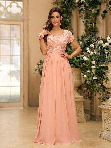 Women's Elegant Orange 3D Floral Detail Shiny Fabric & Chiffon Fabric Patchwork Short Sleeve Dress With U-Neckline, Ruched & A-Line Design, Floor-Length, Suitable For Wedding Ceremony As A Bridesmaid Dress