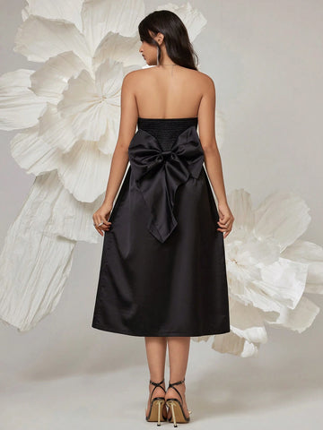 Women's Elegant Prom Solid Color Off-Shoulder Evening Dress With Oversized Bow, Homecoming Dress Simple And Stylish