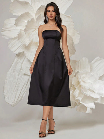 Women's Elegant Prom Solid Color Off-Shoulder Evening Dress With Oversized Bow, Homecoming Dress Simple And Stylish