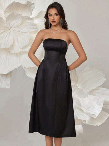 Women's Elegant Prom Solid Color Off-Shoulder Evening Dress With Oversized Bow, Homecoming Dress Simple And Stylish