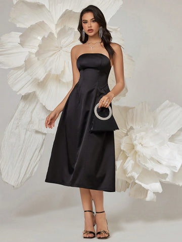 Women's Elegant Prom Solid Color Off-Shoulder Evening Dress With Oversized Bow, Homecoming Dress Simple And Stylish