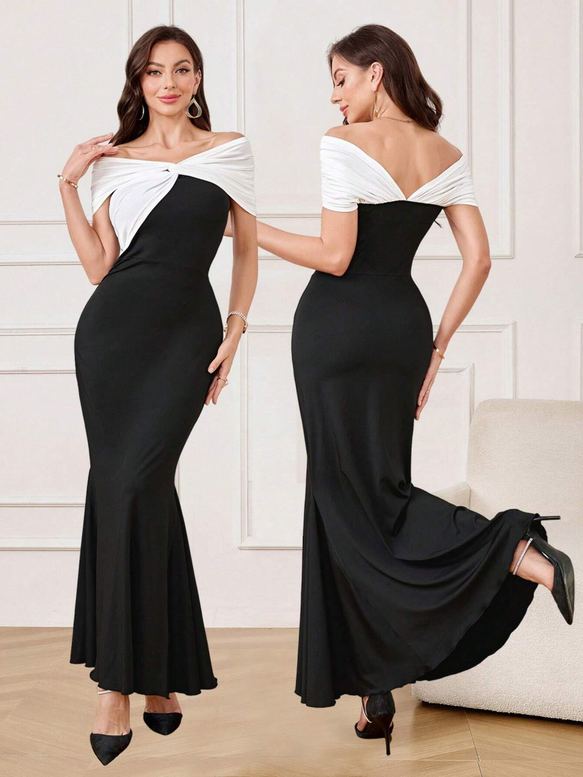 Women's Elegant Prom Solid Color Off-The-Shoulder Evening Dress With Oversized Contrast Bow, Homecoming Dress