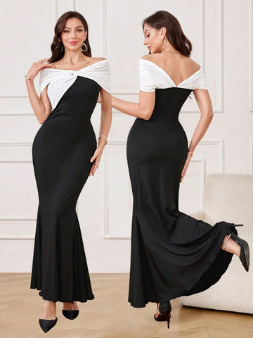 Women's Elegant Prom Solid Color Off-The-Shoulder Evening Dress With Oversized Contrast Bow, Homecoming Dress