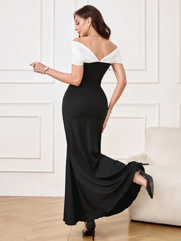 Women's Elegant Prom Solid Color Off-The-Shoulder Evening Dress With Oversized Contrast Bow, Homecoming Dress