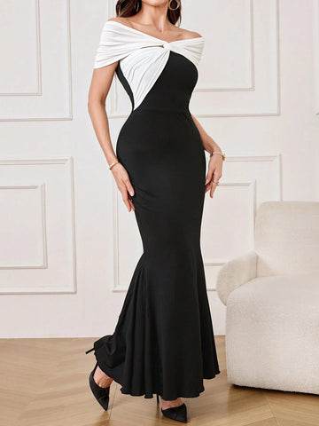 Women's Elegant Prom Solid Color Off-The-Shoulder Evening Dress With Oversized Contrast Bow, Homecoming Dress