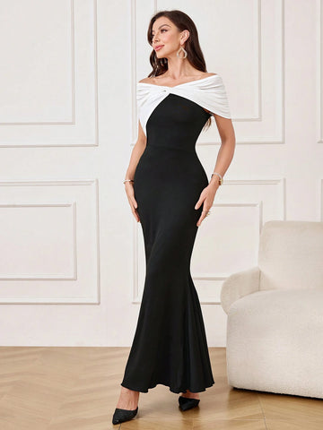 Women's Elegant Prom Solid Color Off-The-Shoulder Evening Dress With Oversized Contrast Bow, Homecoming Dress