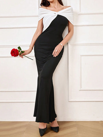 Women's Elegant Prom Solid Color Off-The-Shoulder Evening Dress With Oversized Contrast Bow, Homecoming Dress