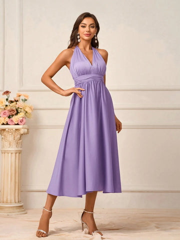 Women's Elegant Purple Satin Fabric Deep V-Neck With Chest Cup Gathered Halter Neck Strappy Tied Bow Strapless Backless A-Line Hem Midi Dress Suitable For Wedding Events Mother's Day Formal Bridesmaid Dresses