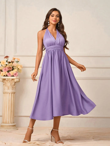 Women's Elegant Purple Satin Fabric Deep V-Neck With Chest Cup Gathered Halter Neck Strappy Tied Bow Strapless Backless A-Line Hem Midi Dress Suitable For Wedding Events Mother's Day Formal Bridesmaid Dresses