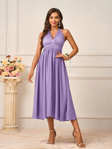 Women's Elegant Purple Satin Fabric Deep V-Neck With Chest Cup Gathered Halter Neck Strappy Tied Bow Strapless Backless A-Line Hem Midi Dress Suitable For Wedding Events Mother's Day Formal Bridesmaid Dresses