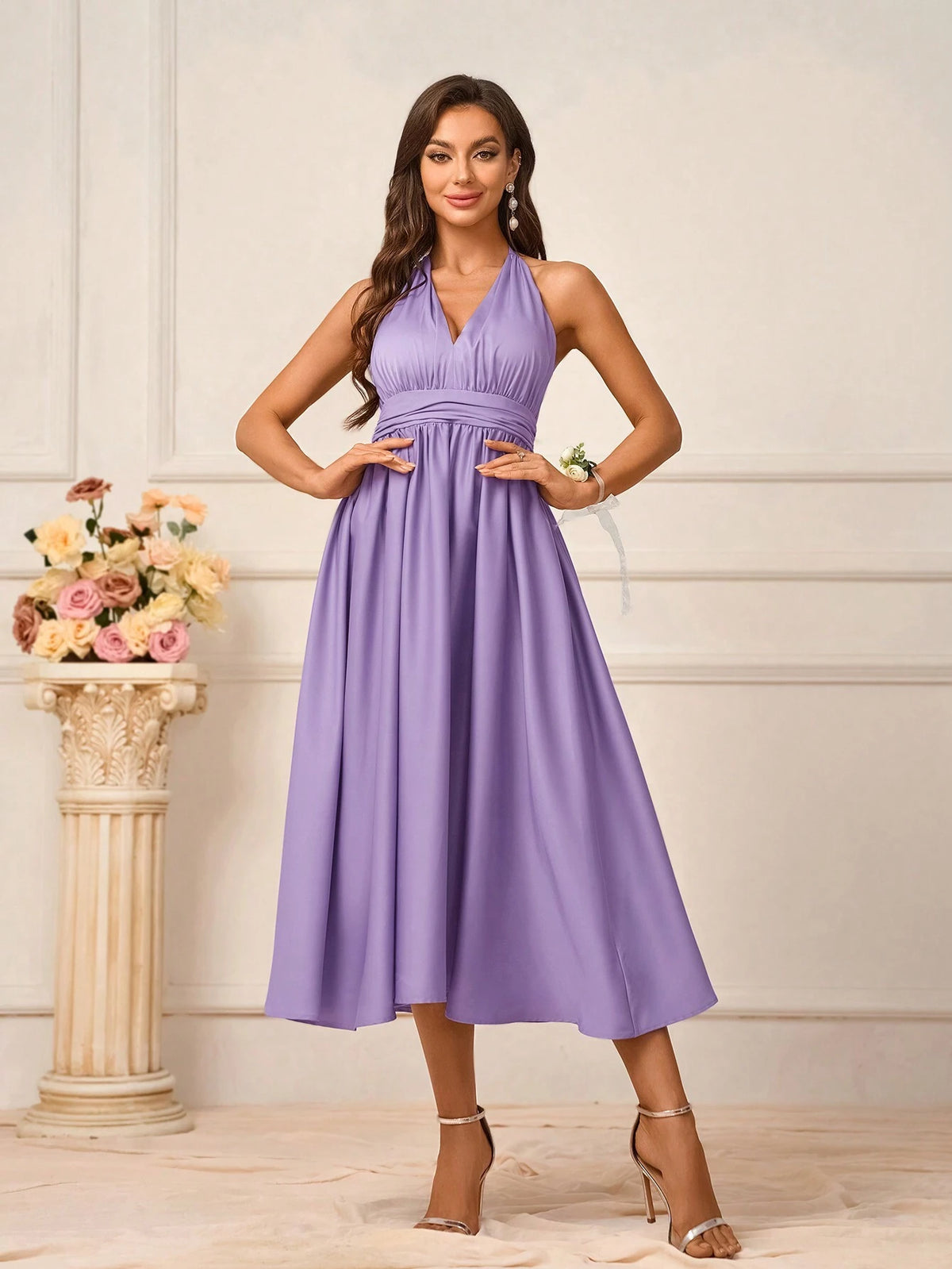 Women's Elegant Purple Satin Fabric Deep V-Neck With Chest Cup Gathered Halter Neck Strappy Tied Bow Strapless Backless A-Line Hem Midi Dress Suitable For Wedding Events Mother's Day Formal Bridesmaid Dresses