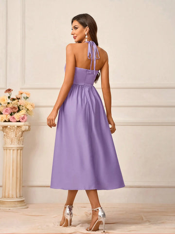 Women's Elegant Purple Satin Fabric Deep V-Neck With Chest Cup Gathered Halter Neck Strappy Tied Bow Strapless Backless A-Line Hem Midi Dress Suitable For Wedding Events Mother's Day Formal Bridesmaid Dresses