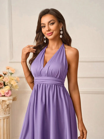 Women's Elegant Purple Satin Fabric Deep V-Neck With Chest Cup Gathered Halter Neck Strappy Tied Bow Strapless Backless A-Line Hem Midi Dress Suitable For Wedding Events Mother's Day Formal Bridesmaid Dresses