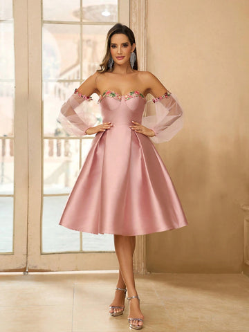 Women's Elegant Romantic Delicate Lovely Alice Blue Satin Off Shoulder Dress Skirt, Perfect For Beach Holiday, Music Festival, Graduation, Prom, Wedding, Evening Party, Cocktail Party, Single Party, Afternoon Tea, Date Or Gathering