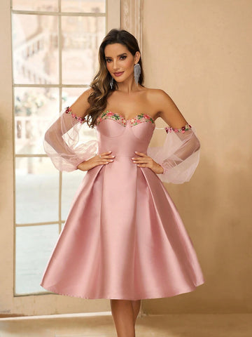 Women's Elegant Romantic Delicate Lovely Alice Blue Satin Off Shoulder Dress Skirt, Perfect For Beach Holiday, Music Festival, Graduation, Prom, Wedding, Evening Party, Cocktail Party, Single Party, Afternoon Tea, Date Or Gathering