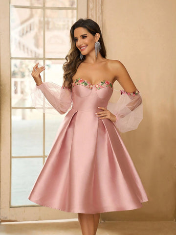 Women's Elegant Romantic Delicate Lovely Alice Blue Satin Off Shoulder Dress Skirt, Perfect For Beach Holiday, Music Festival, Graduation, Prom, Wedding, Evening Party, Cocktail Party, Single Party, Afternoon Tea, Date Or Gathering