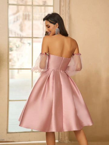 Women's Elegant Romantic Delicate Lovely Alice Blue Satin Off Shoulder Dress Skirt, Perfect For Beach Holiday, Music Festival, Graduation, Prom, Wedding, Evening Party, Cocktail Party, Single Party, Afternoon Tea, Date Or Gathering