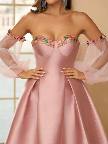 Women's Elegant Romantic Delicate Lovely Alice Blue Satin Off Shoulder Dress Skirt, Perfect For Beach Holiday, Music Festival, Graduation, Prom, Wedding, Evening Party, Cocktail Party, Single Party, Afternoon Tea, Date Or Gathering