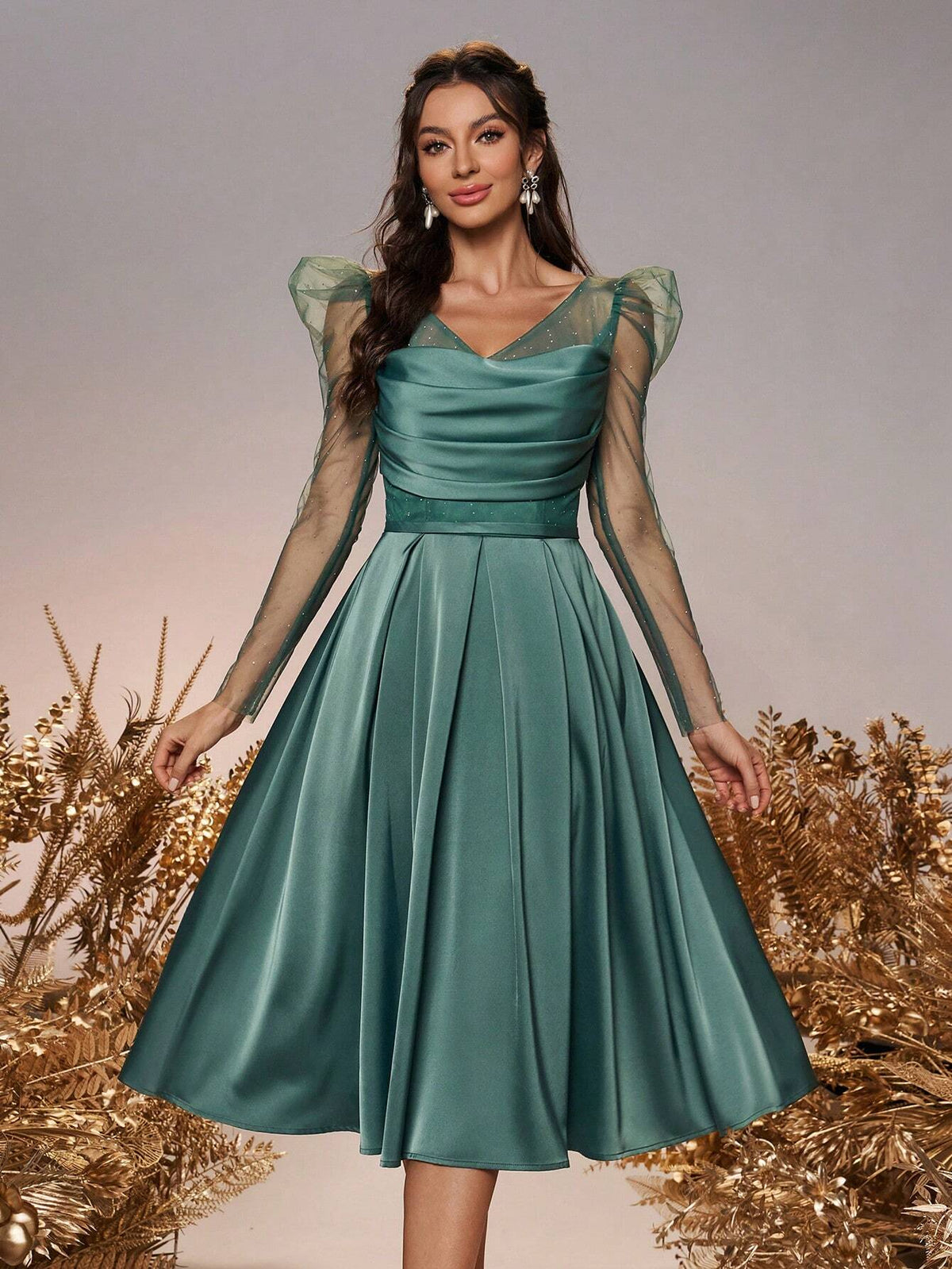 Women's Elegant Romantic Evergreen Mesh Diamond Stitching Satin 3/4 Long Sleeve Sheer Wedding Event Bridesmaid Dresses