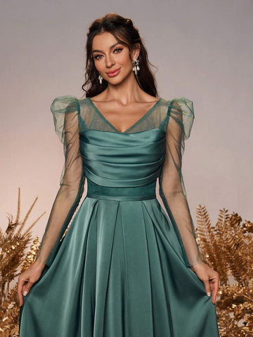 Women's Elegant Romantic Evergreen Mesh Diamond Stitching Satin 3/4 Long Sleeve Sheer Wedding Event Bridesmaid Dresses