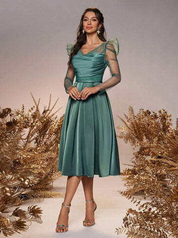 Women's Elegant Romantic Evergreen Mesh Diamond Stitching Satin 3/4 Long Sleeve Sheer Wedding Event Bridesmaid Dresses